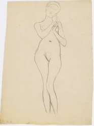 Nu féminin debout de face avec les bras levés